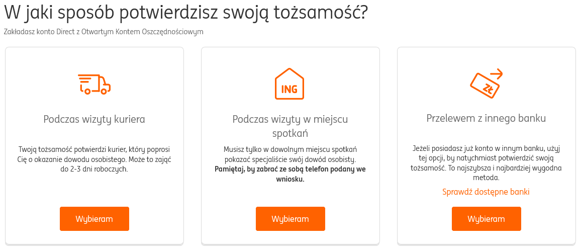 Konto bankowe przez internet w ING Bank Śląski - wybór metody potwierdzania tożsamości